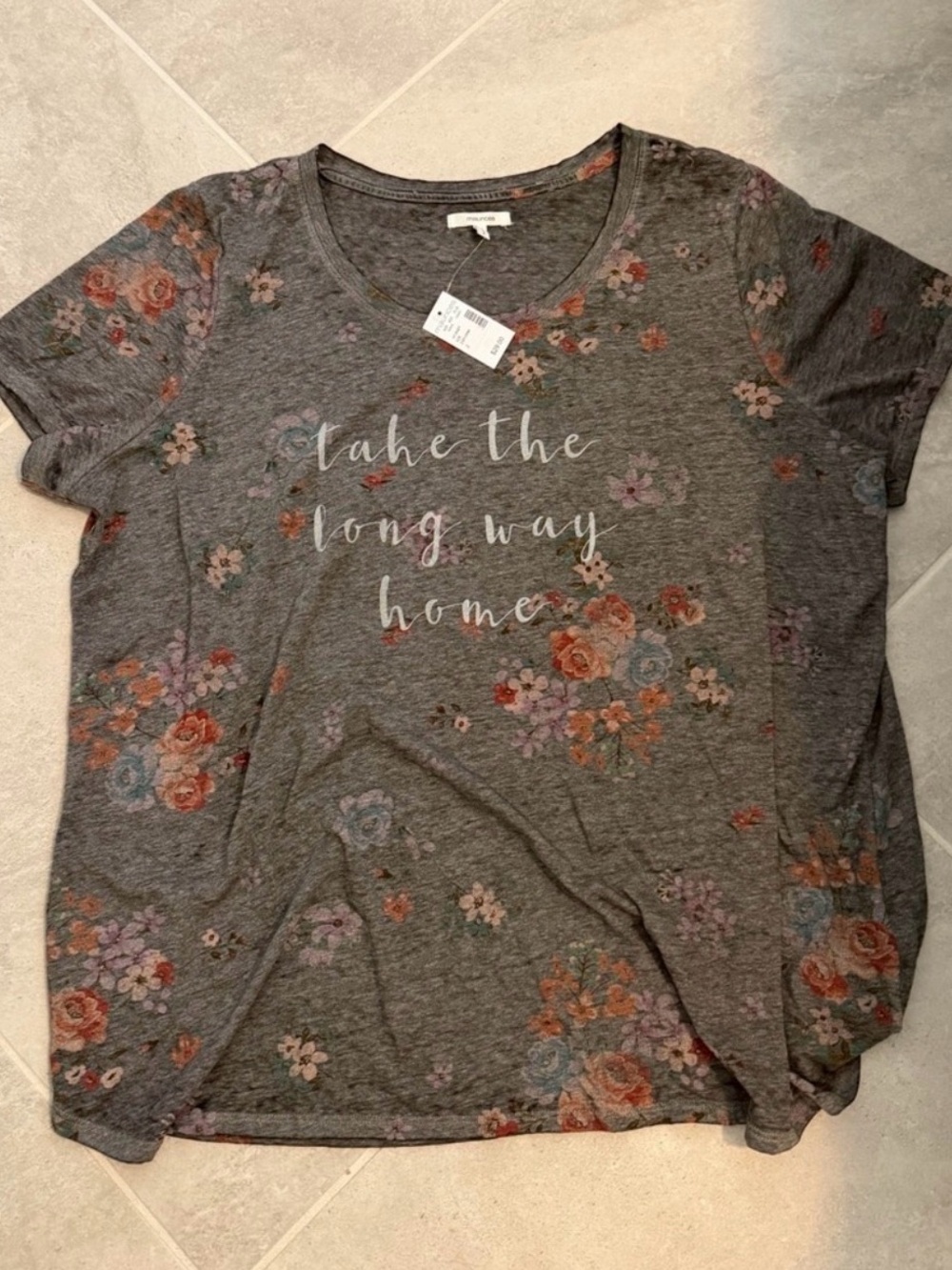 NWOT Maurices Gray Floral Short Sleeve burn out vintage wash Tee
